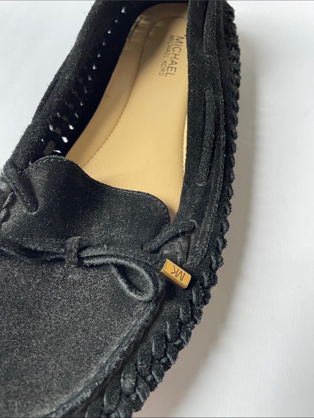 NWOT Michael Kors Black Suede Braided Trim Moccasin Flats. 7.5 M - Picture 2 of 6